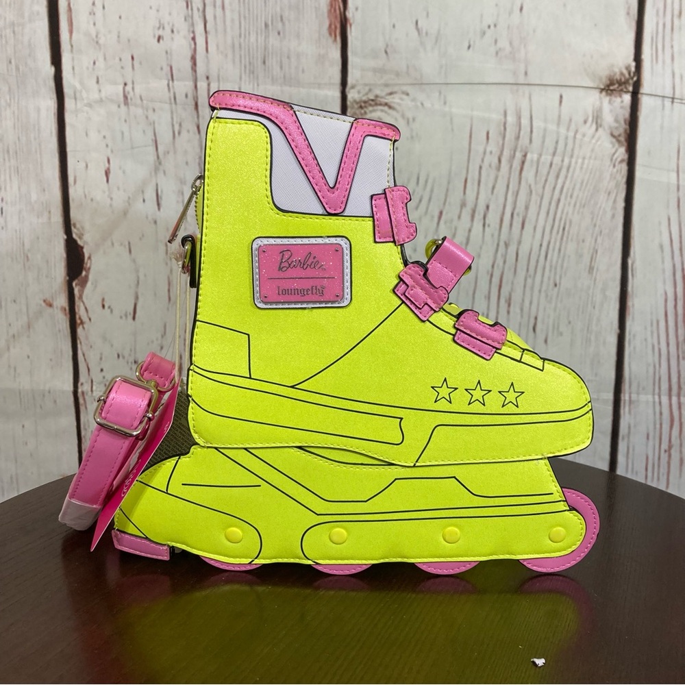 LOUNGEFLY X Barbie Roller Skate crossbody Bag in neon green and pink trim